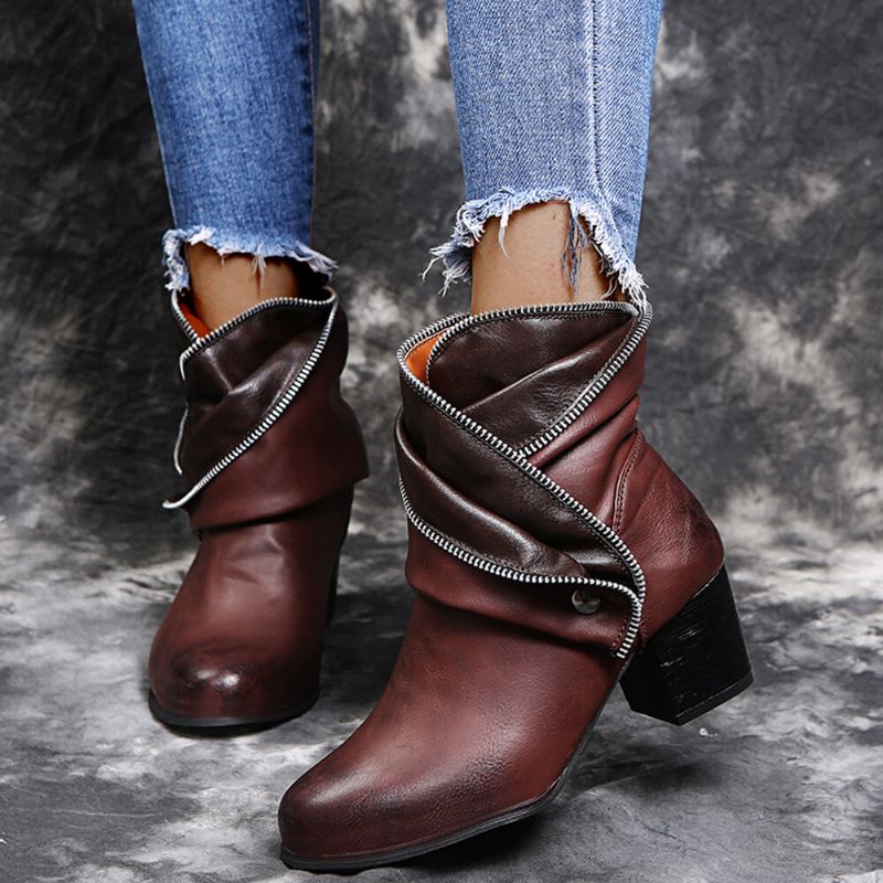 Plus Size Damen Retro Zipper Decor Buckle Chunky Heel Short Boots