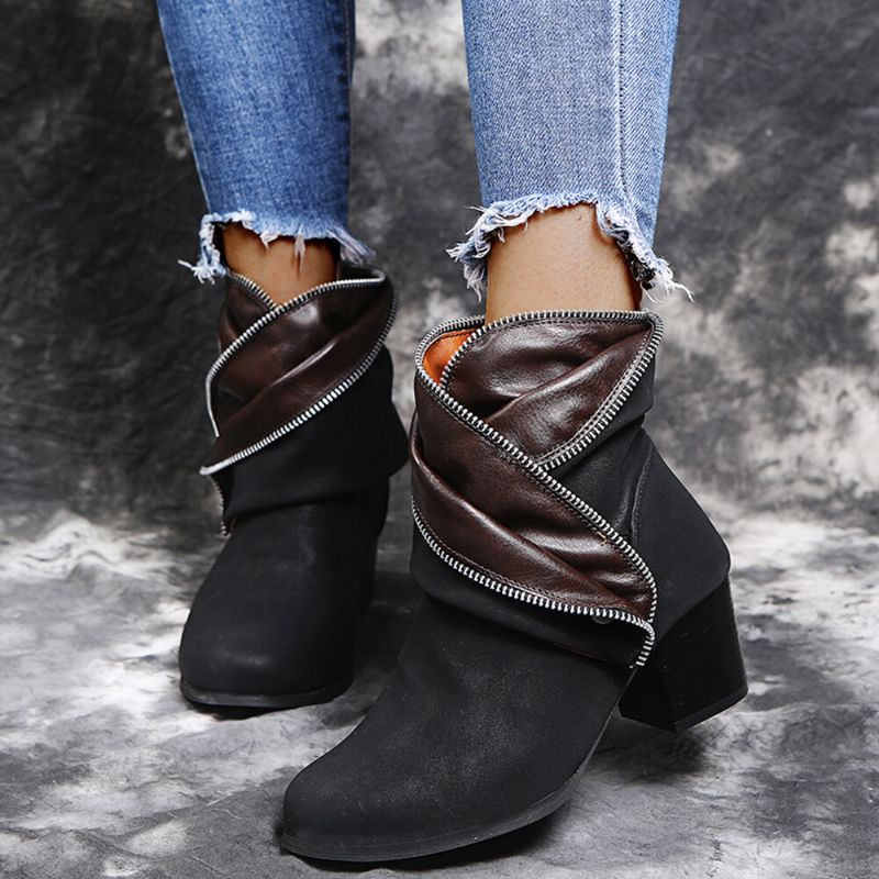 Plus Size Damen Retro Zipper Decor Buckle Chunky Heel Short Boots