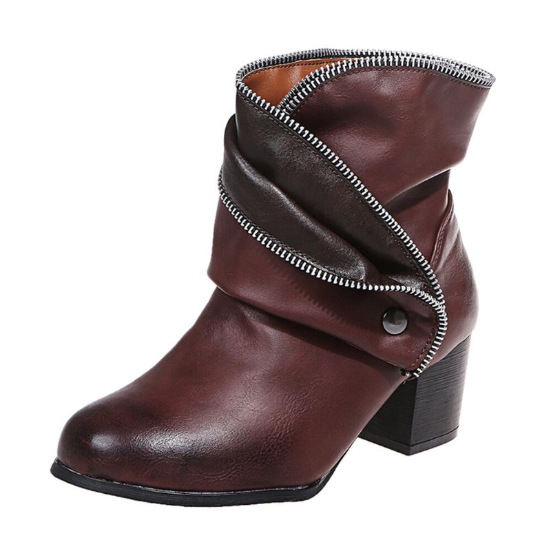 Plus Size Damen Retro Zipper Decor Buckle Chunky Heel Short Boots