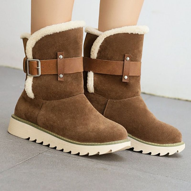 Plus Size Damen Wildleder Stoff Gürtelschnalle Rutschfeste Kurze Schneestiefel