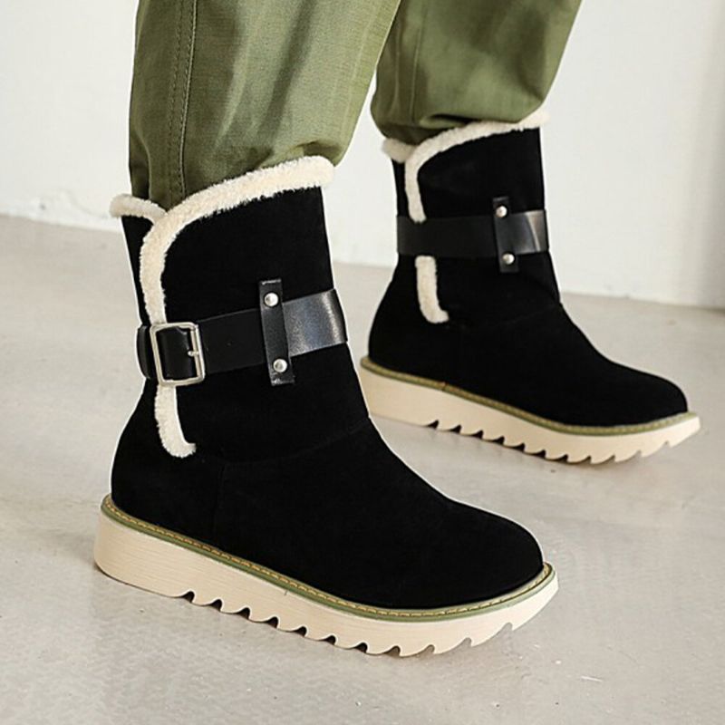 Plus Size Damen Wildleder Stoff Gürtelschnalle Rutschfeste Kurze Schneestiefel