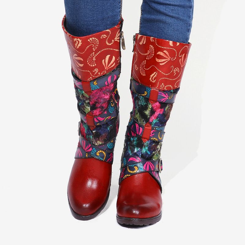 Retro-aquarell-geprägte Verzierte Schnallenriemen Elegante Weiche Mittelhohe Stiefel Mit Hohem Absatz