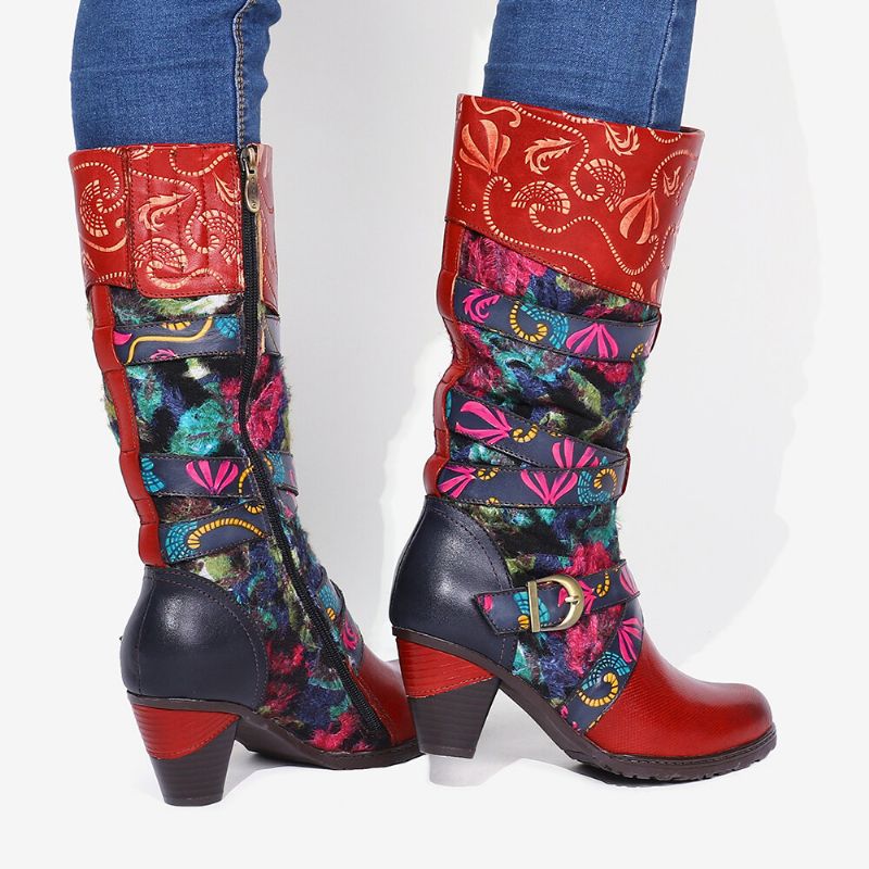 Retro-aquarell-geprägte Verzierte Schnallenriemen Elegante Weiche Mittelhohe Stiefel Mit Hohem Absatz