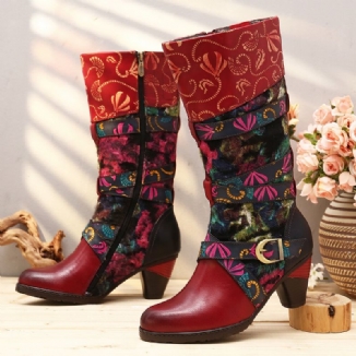 Retro-aquarell-geprägte Verzierte Schnallenriemen Elegante Weiche Mittelhohe Stiefel Mit Hohem Absatz