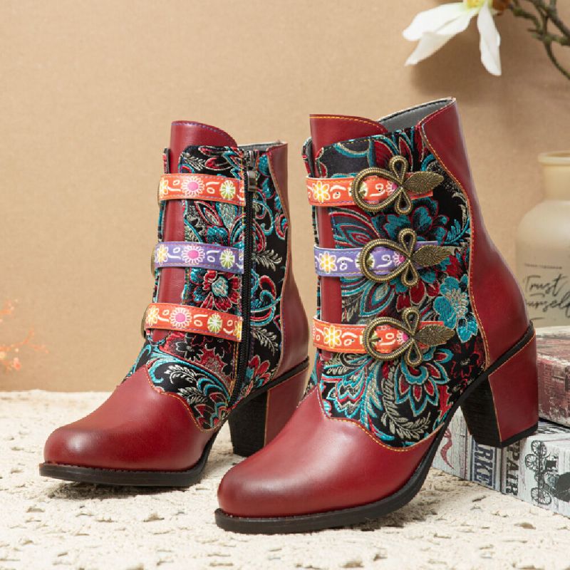 Retro-blumen Stoffnähte Metallschnallen-dekor Warm Gefütterte Tragbare Kurze Stiefel Mit Klobigem Absatz