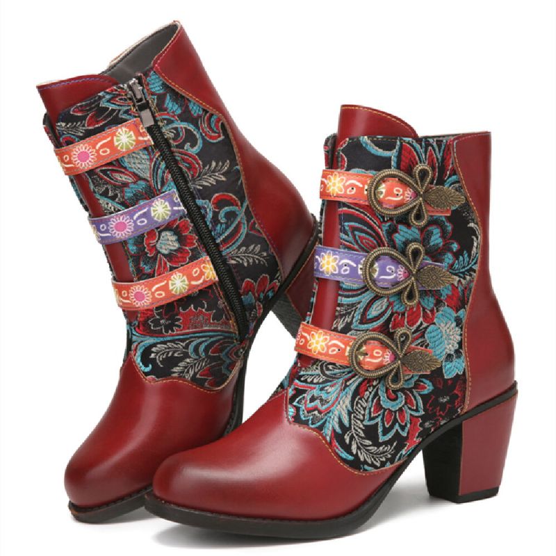 Retro-blumen Stoffnähte Metallschnallen-dekor Warm Gefütterte Tragbare Kurze Stiefel Mit Klobigem Absatz