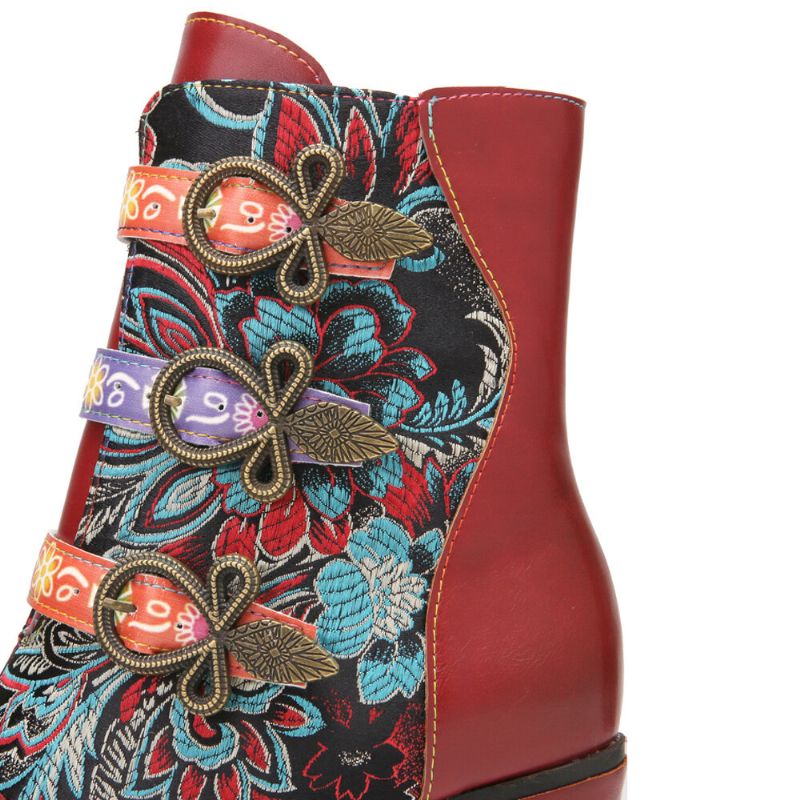 Retro-blumen Stoffnähte Metallschnallen-dekor Warm Gefütterte Tragbare Kurze Stiefel Mit Klobigem Absatz