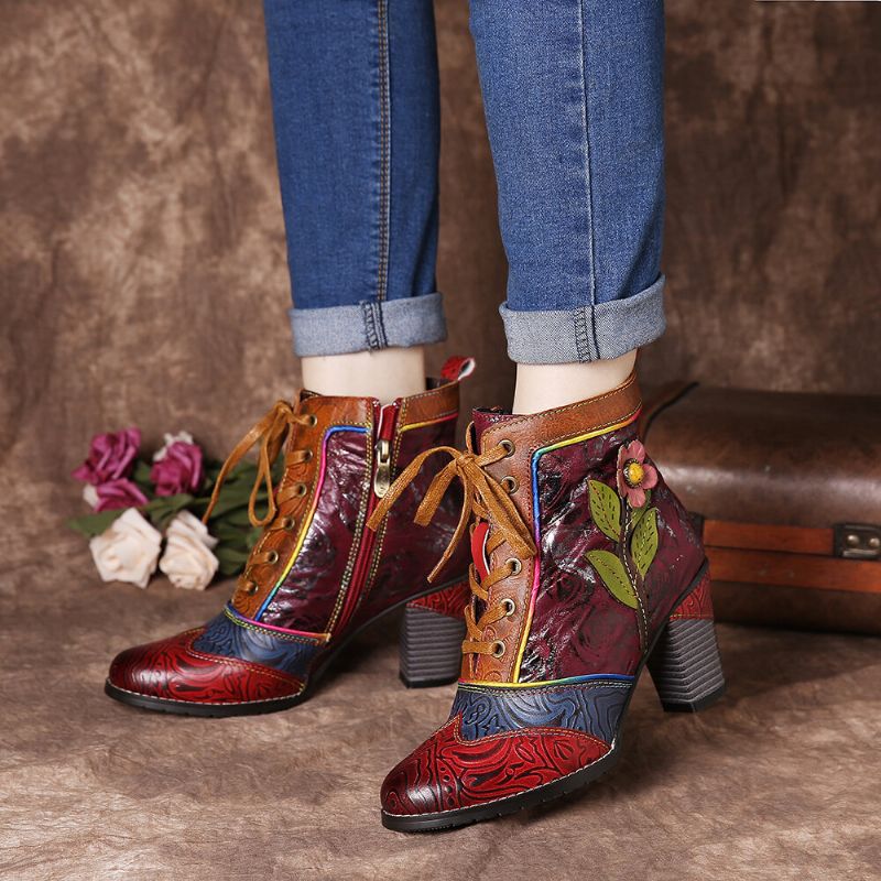 Retro Geprägtes Echtes Leder Splicing Pink Flower High Heel Ankle Boots