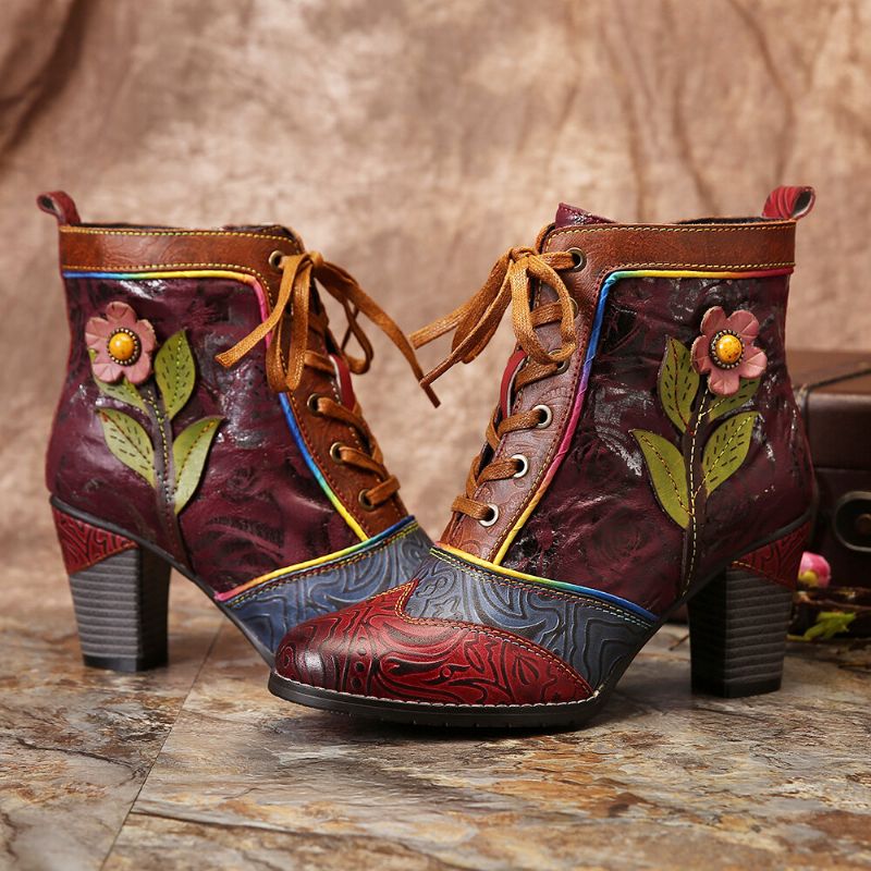 Retro Geprägtes Echtes Leder Splicing Pink Flower High Heel Ankle Boots