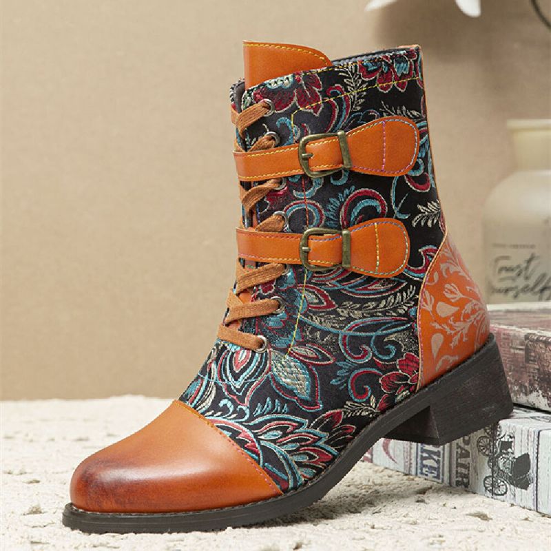 Retro-nähte Wunderschöne Blumen Stoff Metallschnalle Warme Kurze Stiefel Zum Schnüren