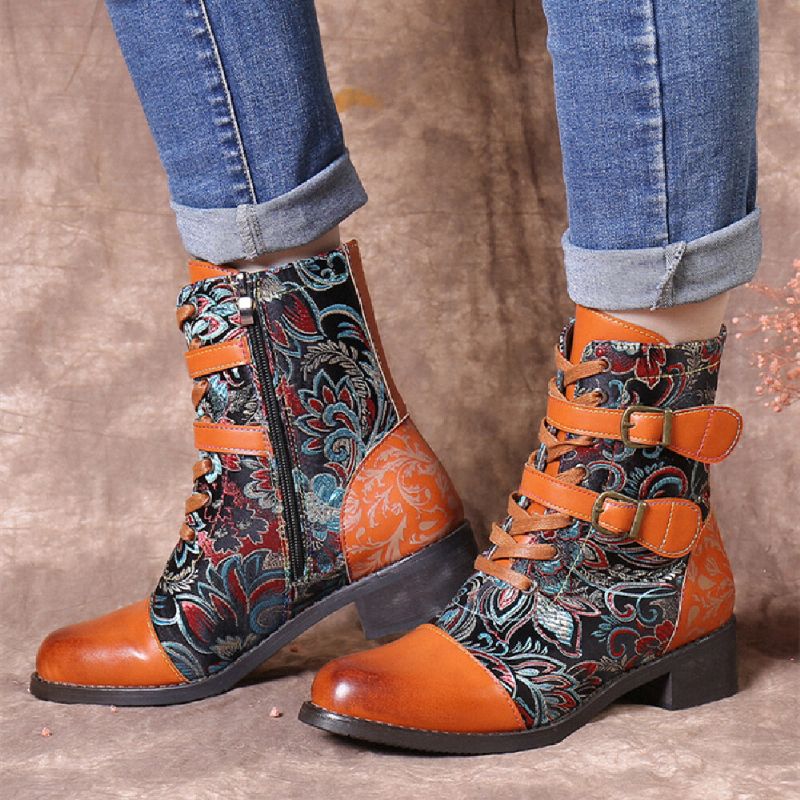 Retro-nähte Wunderschöne Blumen Stoff Metallschnalle Warme Kurze Stiefel Zum Schnüren