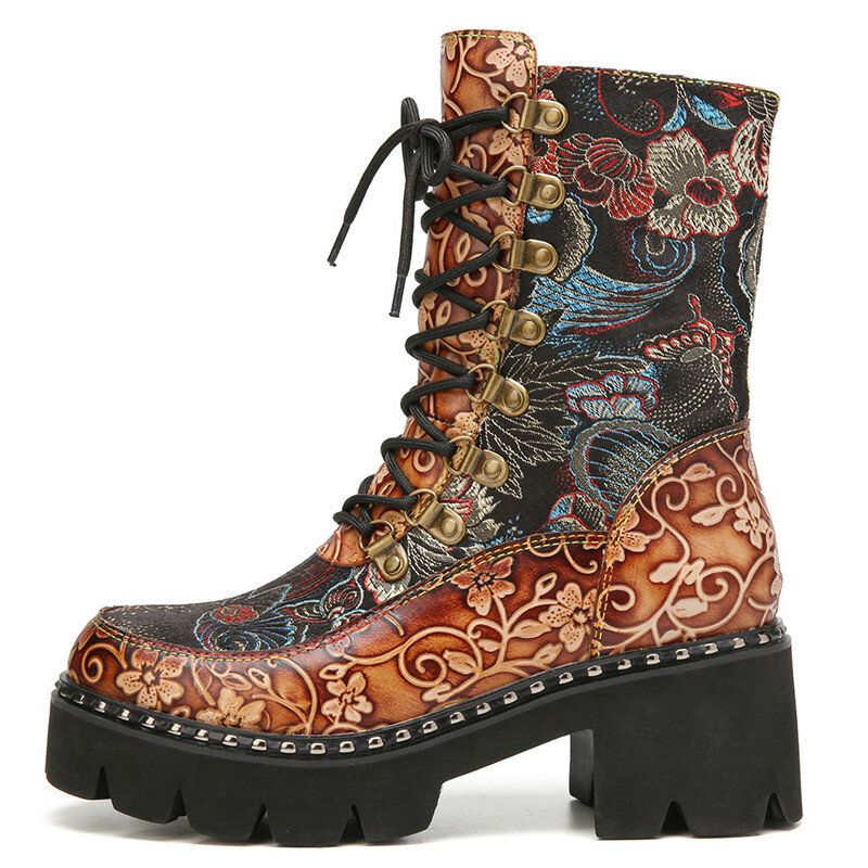 Retro Round Toe Prägung Blumenstickerei Stoff Lederspleißen Tragbare Kurze Stiefel