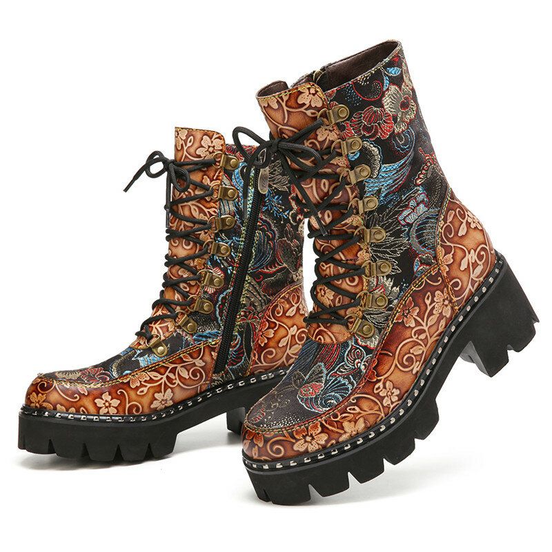 Retro Round Toe Prägung Blumenstickerei Stoff Lederspleißen Tragbare Kurze Stiefel