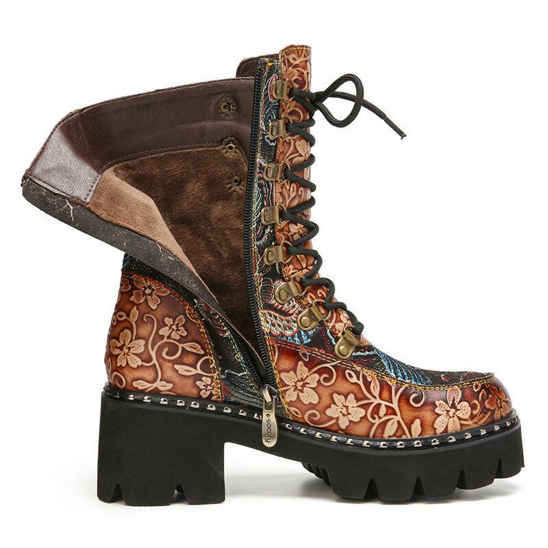 Retro Round Toe Prägung Blumenstickerei Stoff Lederspleißen Tragbare Kurze Stiefel