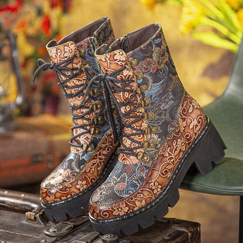 Retro Round Toe Prägung Blumenstickerei Stoff Lederspleißen Tragbare Kurze Stiefel