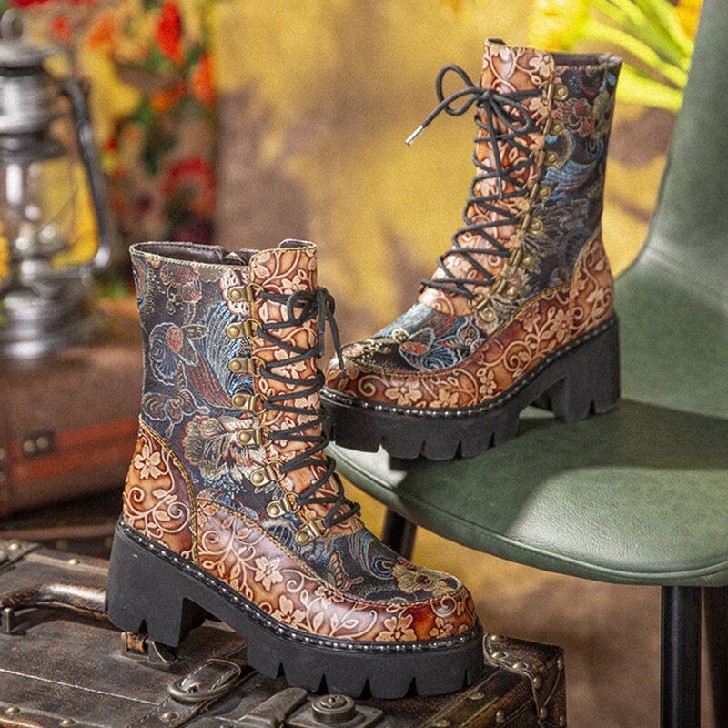 Retro Round Toe Prägung Blumenstickerei Stoff Lederspleißen Tragbare Kurze Stiefel