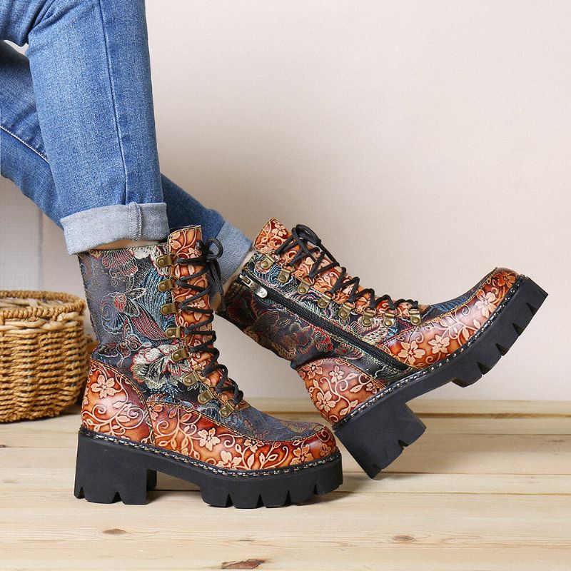 Retro Round Toe Prägung Blumenstickerei Stoff Lederspleißen Tragbare Kurze Stiefel