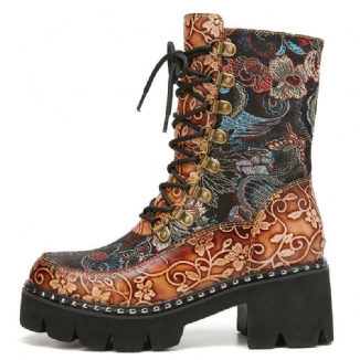 Retro Round Toe Prägung Blumenstickerei Stoff Lederspleißen Tragbare Kurze Stiefel