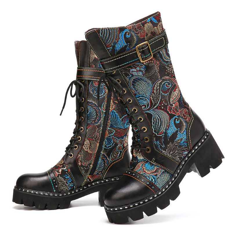 Retro-schnallenriemen-dekor-blumen-stoff-leder-spleißen Bequeme Tragbare Mode-halbkalb-stiefel