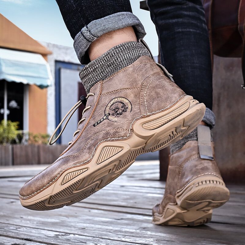 Retro-stiefeletten Aus Weichem Mikrofaserleder Mit Handgenähten Socken Für Herren