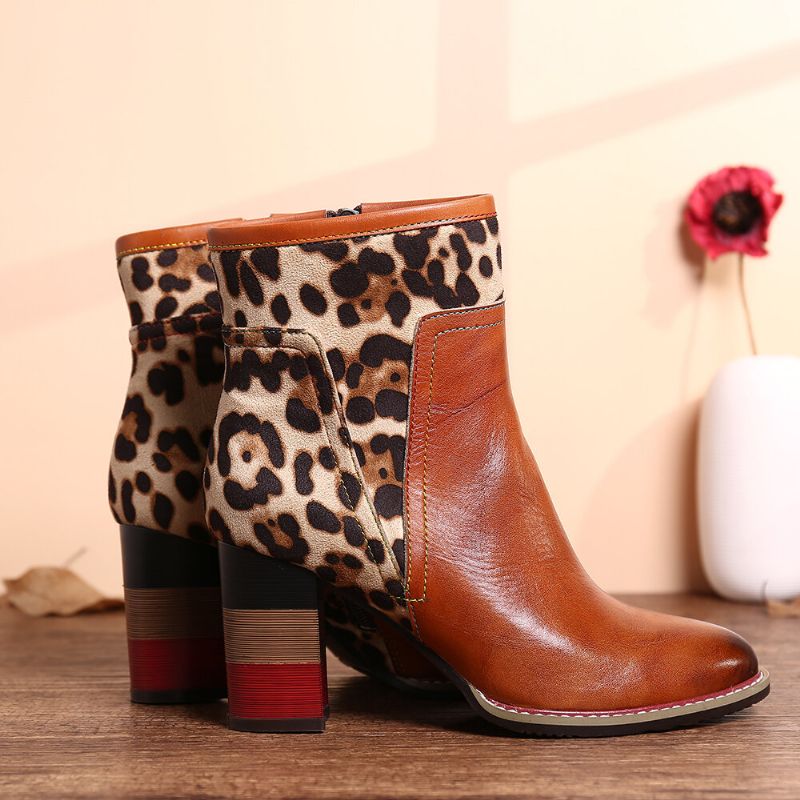 Soocfy Leopardenmuster Spleißen Echtleder High Square Heel Zipper Short Boots