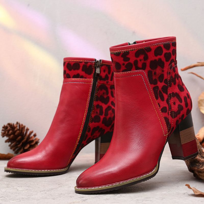 Soocfy Leopardenmuster Spleißen Echtleder High Square Heel Zipper Short Boots