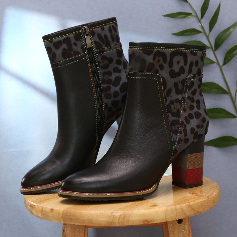 Soocfy Leopardenmuster Spleißen Echtleder High Square Heel Zipper Short Boots