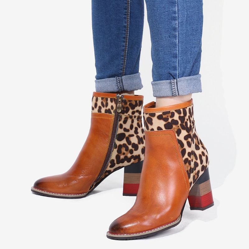 Soocfy Leopardenmuster Spleißen Echtleder High Square Heel Zipper Short Boots