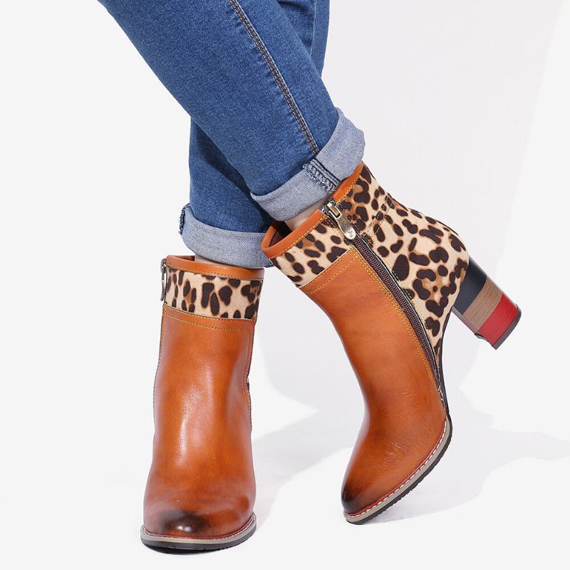 Soocfy Leopardenmuster Spleißen Echtleder High Square Heel Zipper Short Boots