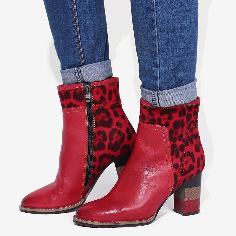 Soocfy Leopardenmuster Spleißen Echtleder High Square Heel Zipper Short Boots