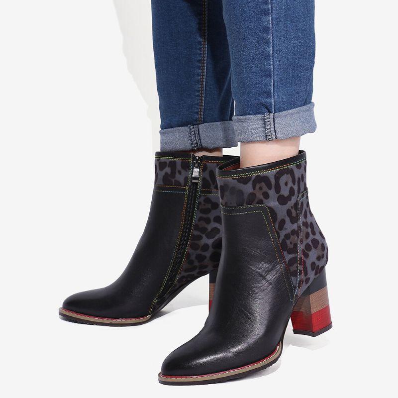 Soocfy Leopardenmuster Spleißen Echtleder High Square Heel Zipper Short Boots