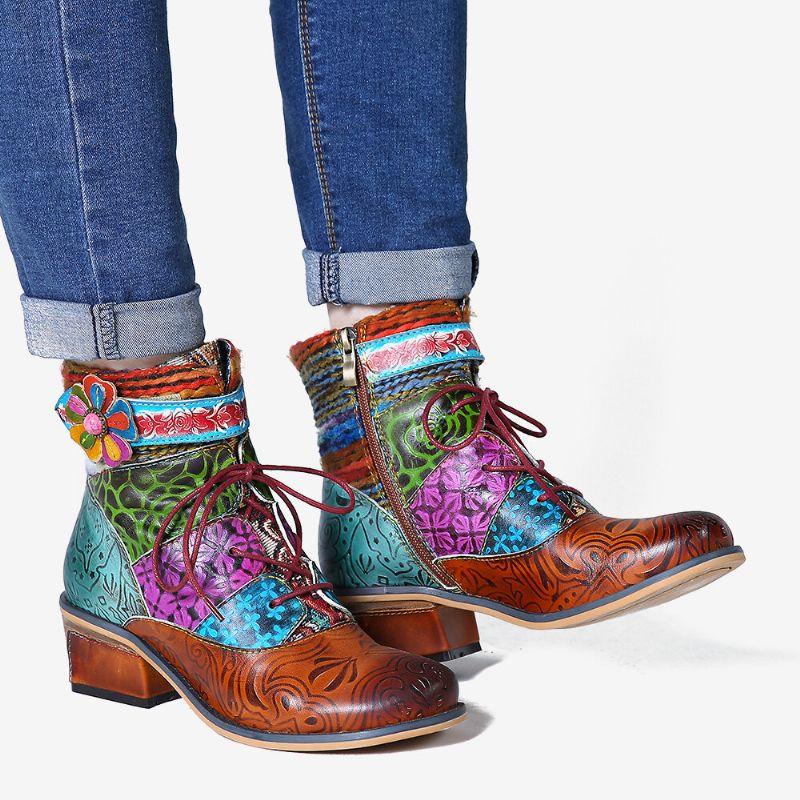 Spleißmuster Flower Deco Blockabsatz Ankle Boots Mit Verstellbarem Reißverschluss