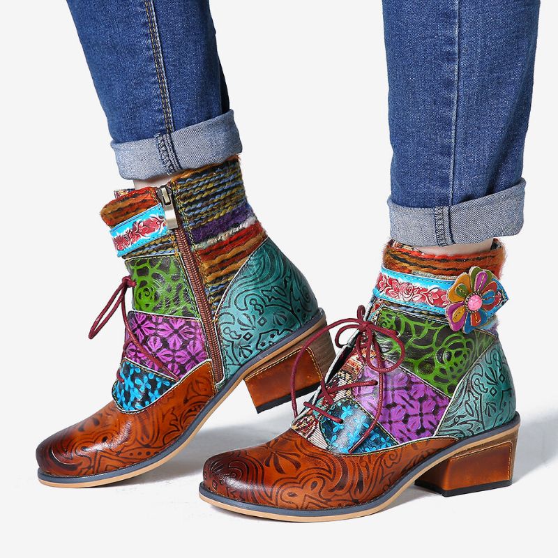 Spleißmuster Flower Deco Blockabsatz Ankle Boots Mit Verstellbarem Reißverschluss