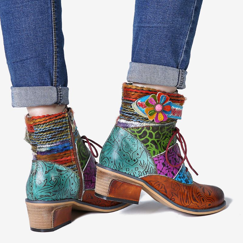 Spleißmuster Flower Deco Blockabsatz Ankle Boots Mit Verstellbarem Reißverschluss