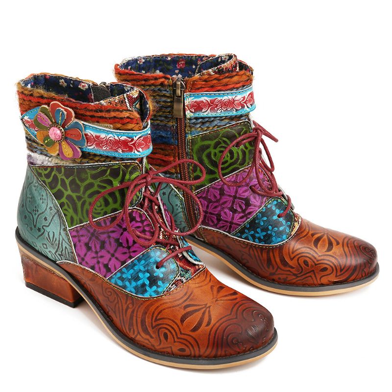 Spleißmuster Flower Deco Blockabsatz Ankle Boots Mit Verstellbarem Reißverschluss