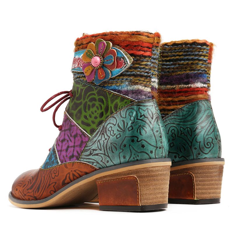 Spleißmuster Flower Deco Blockabsatz Ankle Boots Mit Verstellbarem Reißverschluss