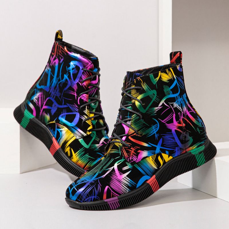 Stylische Bunte Graffiti-kampfstiefel Zum Schnüren Mit Kurzer Wade Für Damen