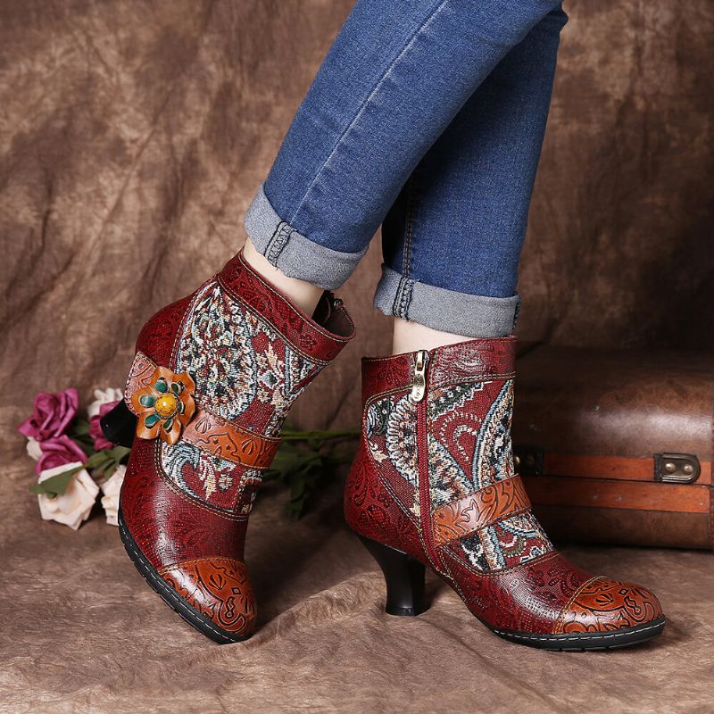 Stylische Tribal-muster-blumen-deko Warm Gefütterte Stiefeletten Mit Klettverschluss Und Reißverschluss