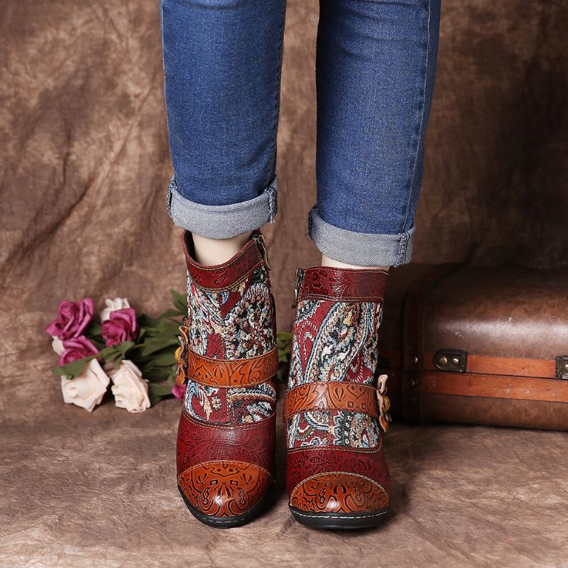 Stylische Tribal-muster-blumen-deko Warm Gefütterte Stiefeletten Mit Klettverschluss Und Reißverschluss