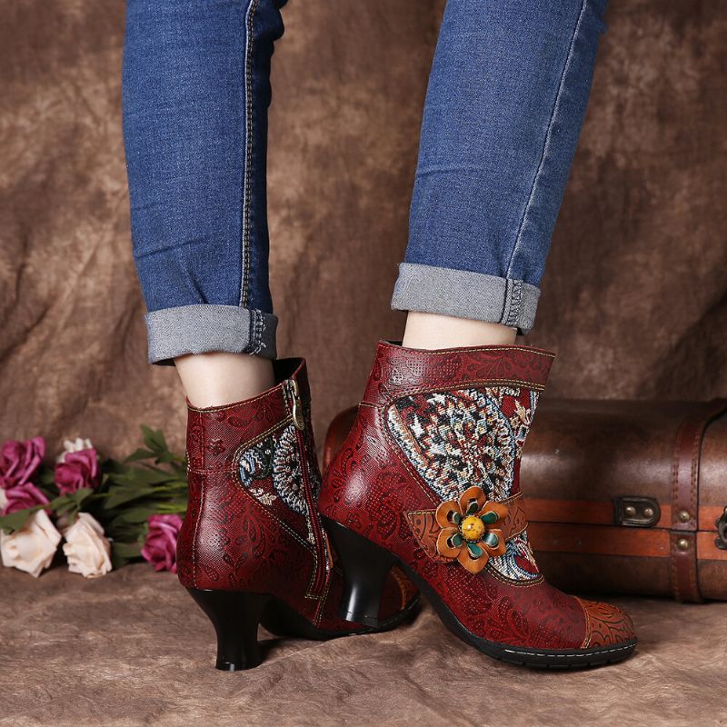 Stylische Tribal-muster-blumen-deko Warm Gefütterte Stiefeletten Mit Klettverschluss Und Reißverschluss