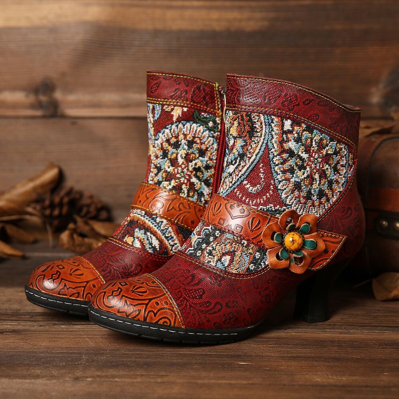 Stylische Tribal-muster-blumen-deko Warm Gefütterte Stiefeletten Mit Klettverschluss Und Reißverschluss