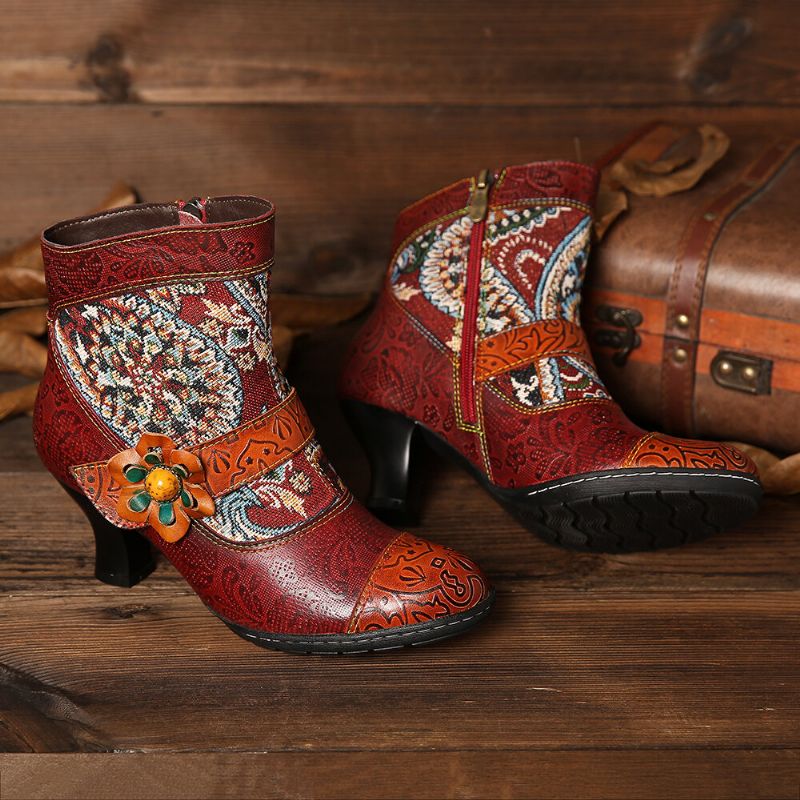 Stylische Tribal-muster-blumen-deko Warm Gefütterte Stiefeletten Mit Klettverschluss Und Reißverschluss