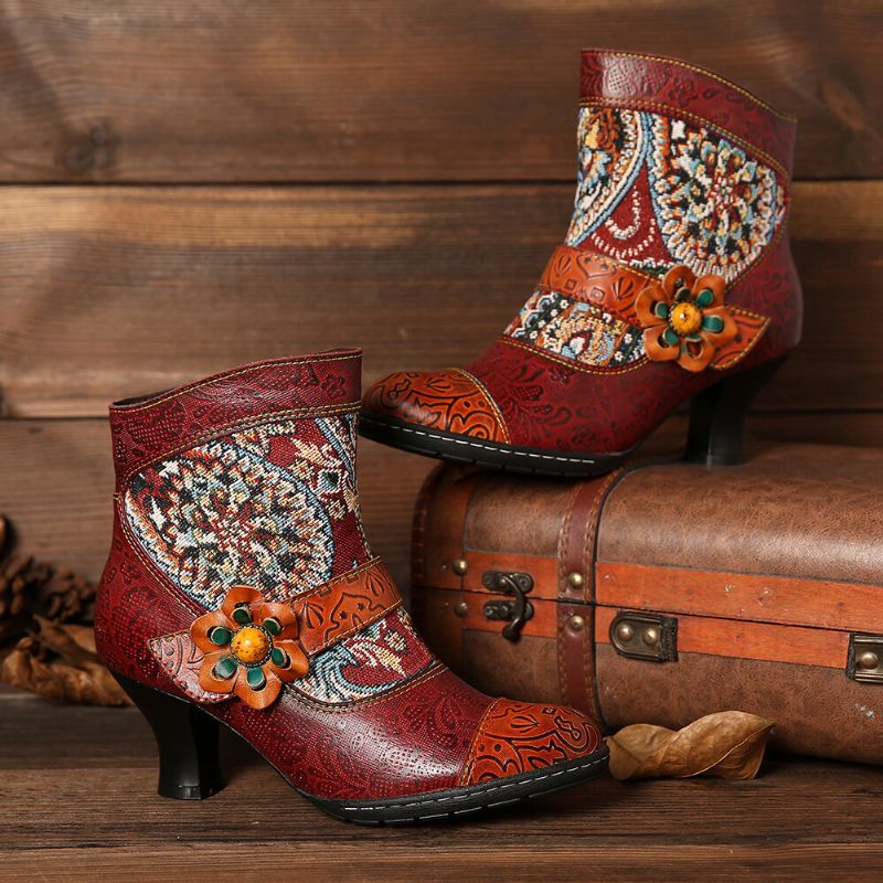 Stylische Tribal-muster-blumen-deko Warm Gefütterte Stiefeletten Mit Klettverschluss Und Reißverschluss