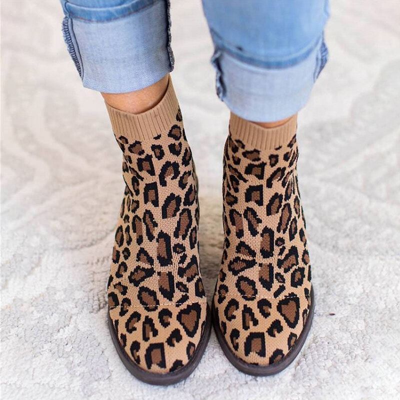 Übergröße Damen Atmungsaktiver Strickstoff Leopard Chunky Heel Kurze Stiefel