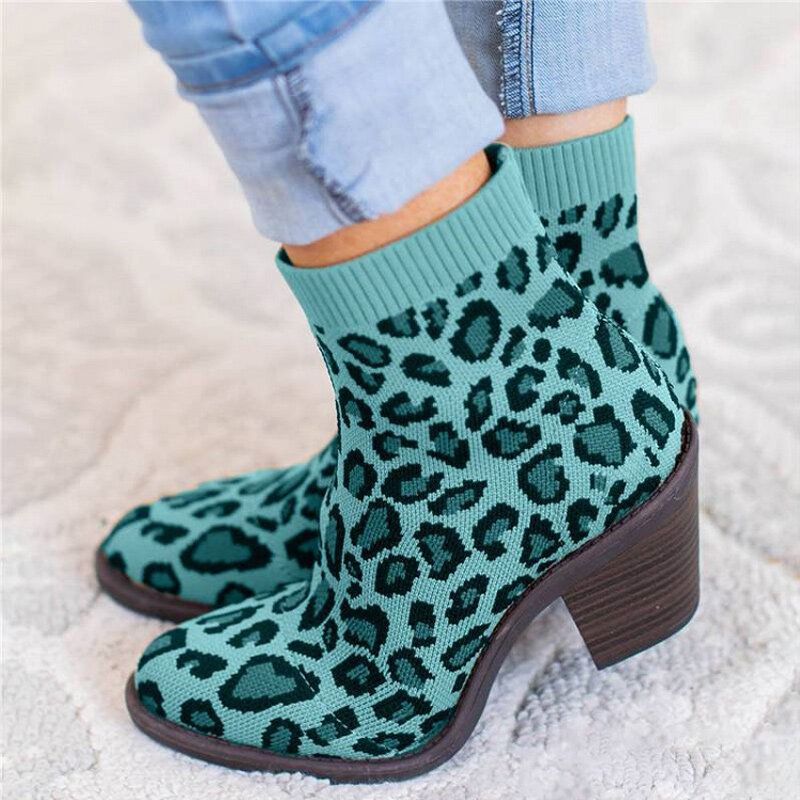 Übergröße Damen Atmungsaktiver Strickstoff Leopard Chunky Heel Kurze Stiefel