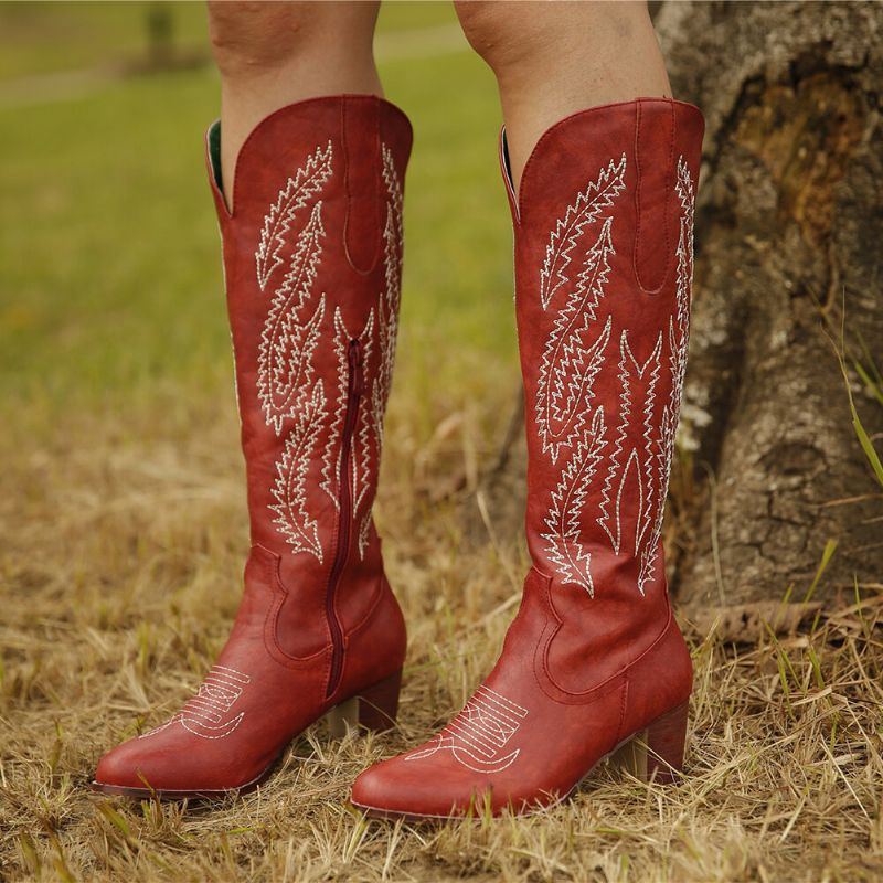 Übergröße Damen Retro Rot Spitzschuh Bestickt Blockabsatz Reißverschluss Cowboystiefel