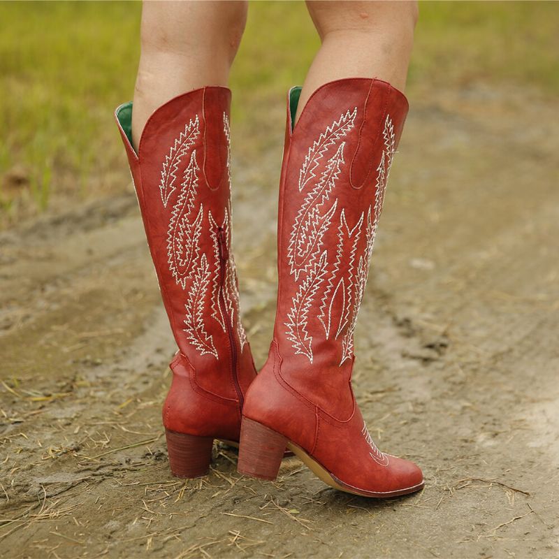 Übergröße Damen Retro Rot Spitzschuh Bestickt Blockabsatz Reißverschluss Cowboystiefel