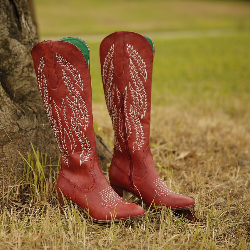 Übergröße Damen Retro Rot Spitzschuh Bestickt Blockabsatz Reißverschluss Cowboystiefel