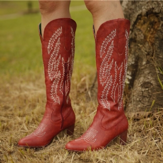 Übergröße Damen Retro Rot Spitzschuh Bestickt Blockabsatz Reißverschluss Cowboystiefel