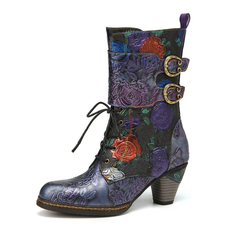 Vintage-blumenprägung Aus Echtem Leder Warmes Futter Lässige Stiefel Mit Klobigem Absatz